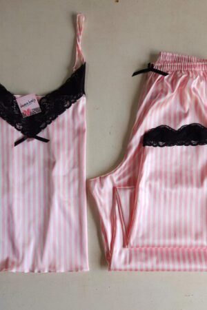 Pijama Outono Cetim Charmousse Listrado Rosa