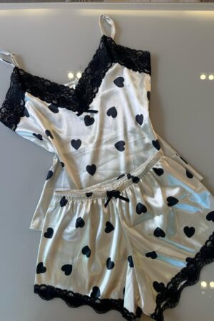 Pijama Renda Larga Coração Preto Cetim Charmousse