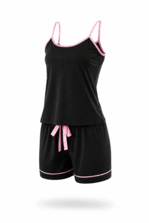 Pijama Viés Rosa Preto 100% Algodão