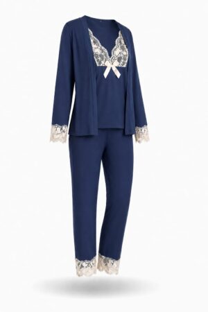 Combo De 3 Peças Pijama Kaki Inverno Azul Marinho Algodão
