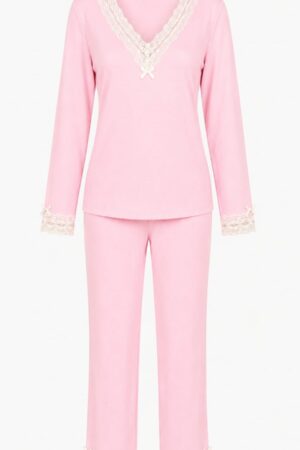 Pijama Renda Larga Inverno Rosa Chiclete 100% Algodão