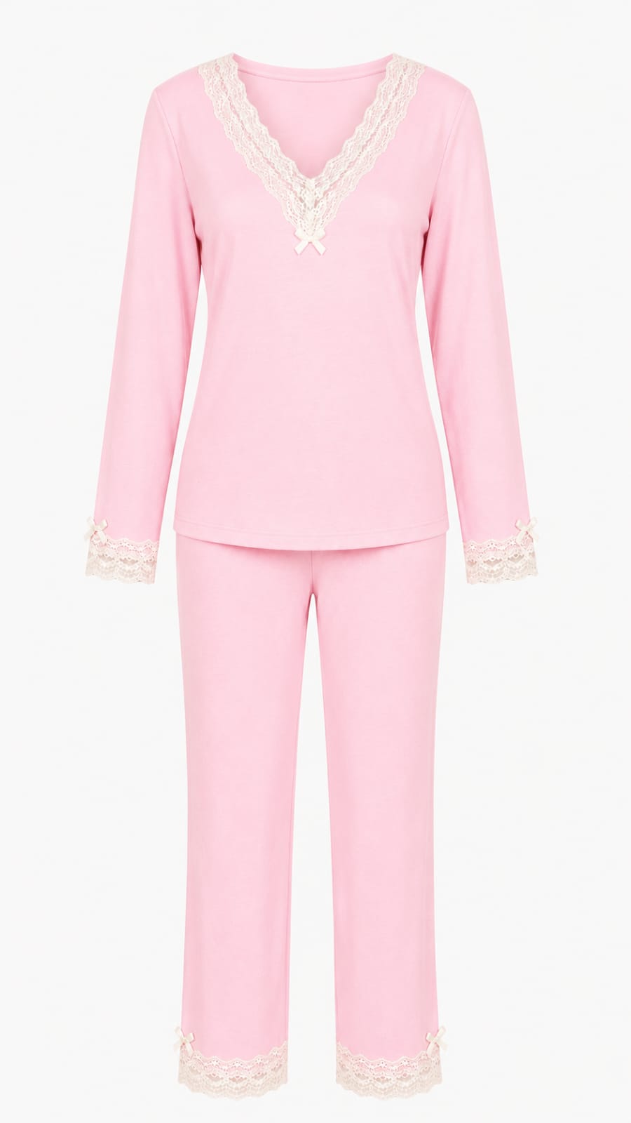 Pijama Renda Larga Inverno Rosa Chiclete 100% Algodão
