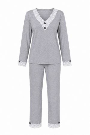 Pijama Renda Larga Inverno Cinza Mescla 100% Algodão