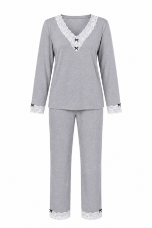Pijama Renda Larga Inverno Cinza Mescla 100% Algodão