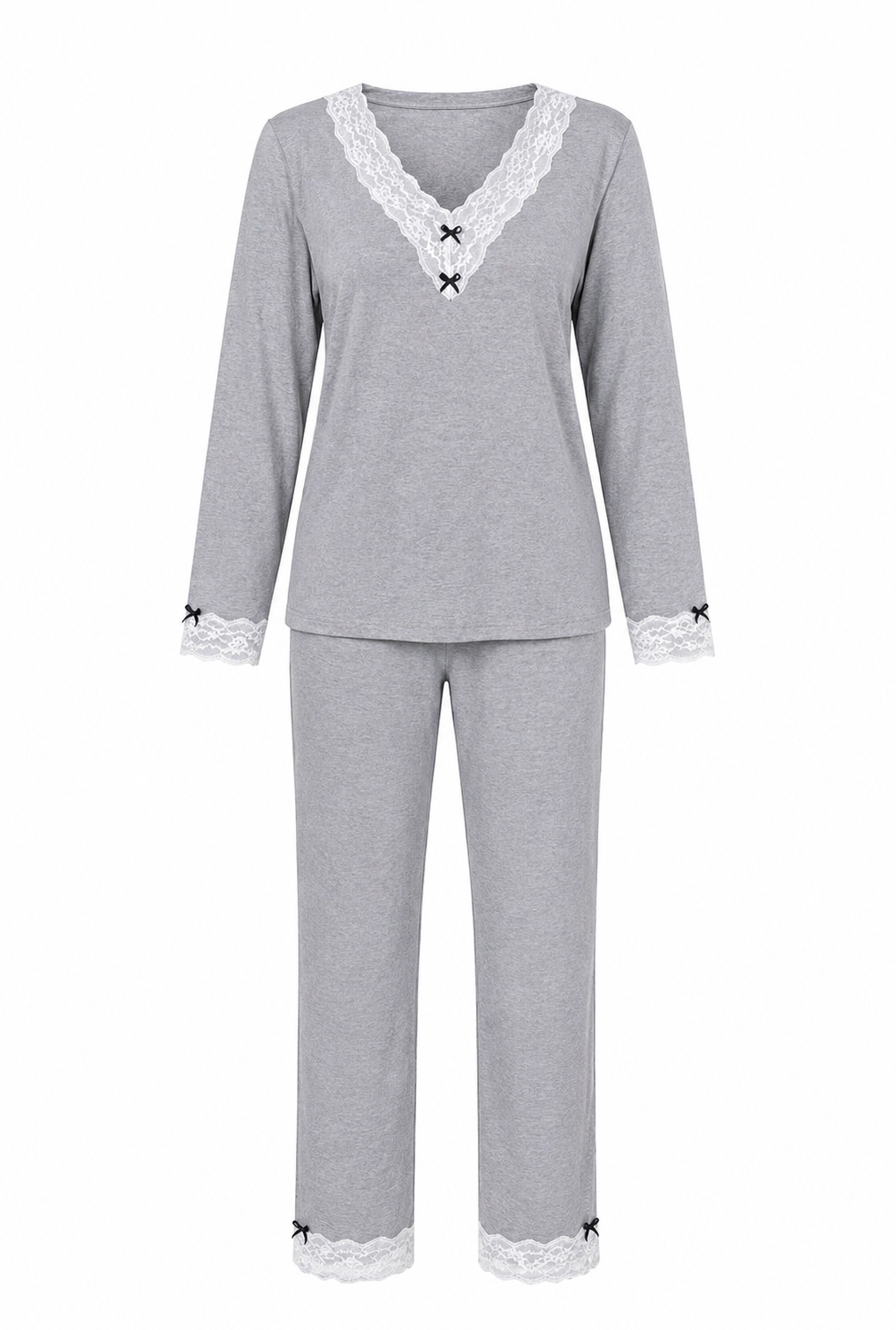 Pijama Renda Larga Inverno Cinza Mescla 100% Algodão