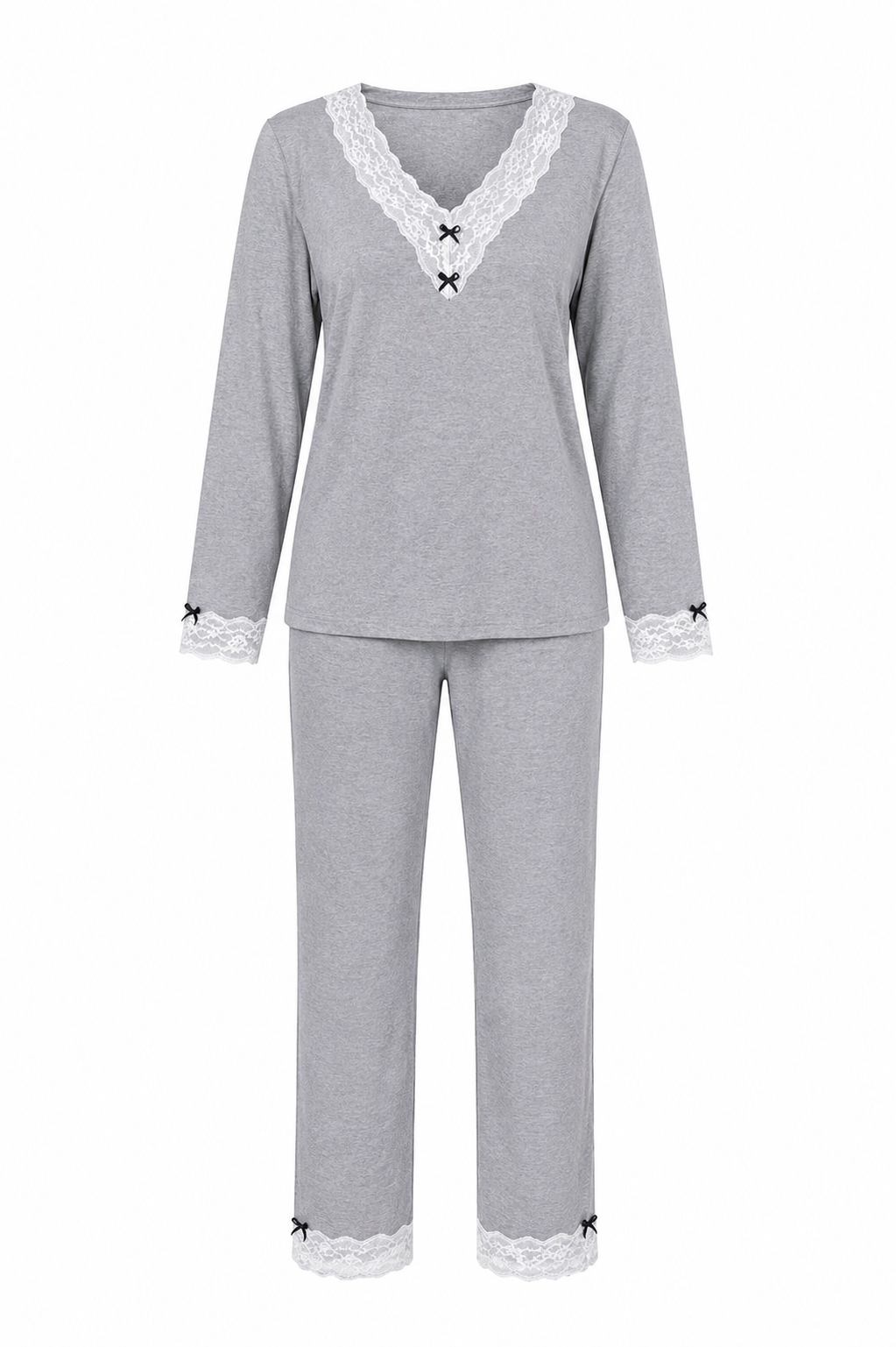 Pijama Renda Larga Inverno Cinza Mescla 100% Algodão