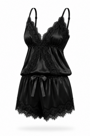 Baby-Dool Kaki Chantilly Cetim Charmousse Preto