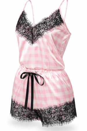 Baby-Doll Luxo Chantilly Xadrez Rosê Gold Cetim Charmousse