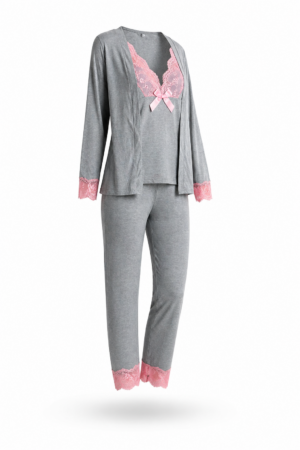 Combo De 3 Peças Pijama Kaki Inverno Cinza Mescla Algodão