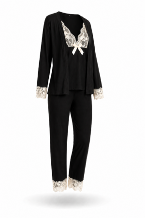 Combo De 3 Peças Pijama Kaki Inverno Preto Algodão