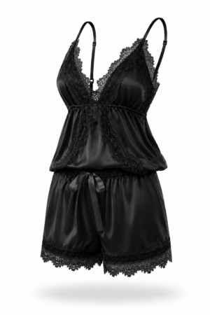 Baby-Dool Kaki Chantilly Cetim Charmousse Preto